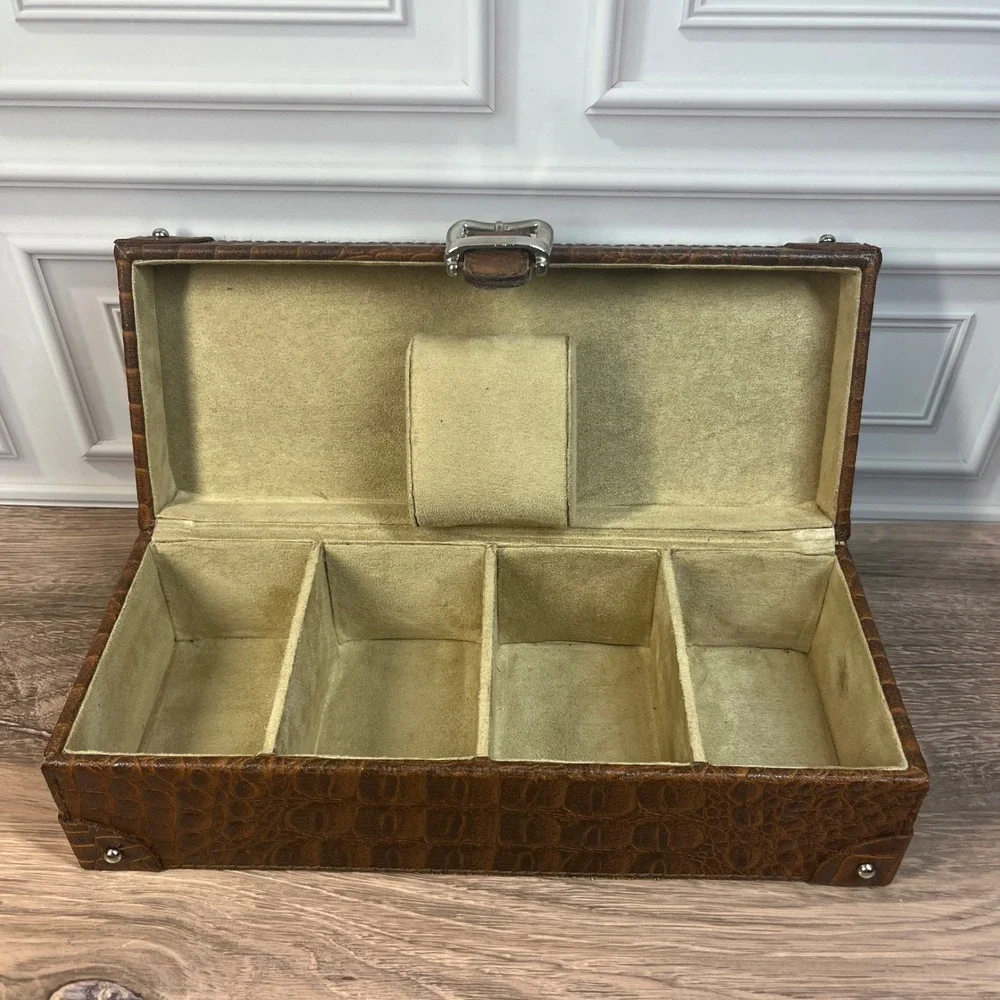 Watch Box Brown Faux Croc Embossed 4-Slot Travel Accessory Case Organizer